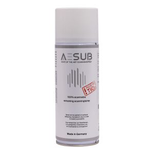 AESUB White permanent TiO2-free 3D scanning spray 400ml aerosol can AESUB White spray applied to surface showing homogeneous white matte coating AESUB White scanning spray cleanup with soft brush and water AESUB full range Blue Orange Green Transparent White comparison